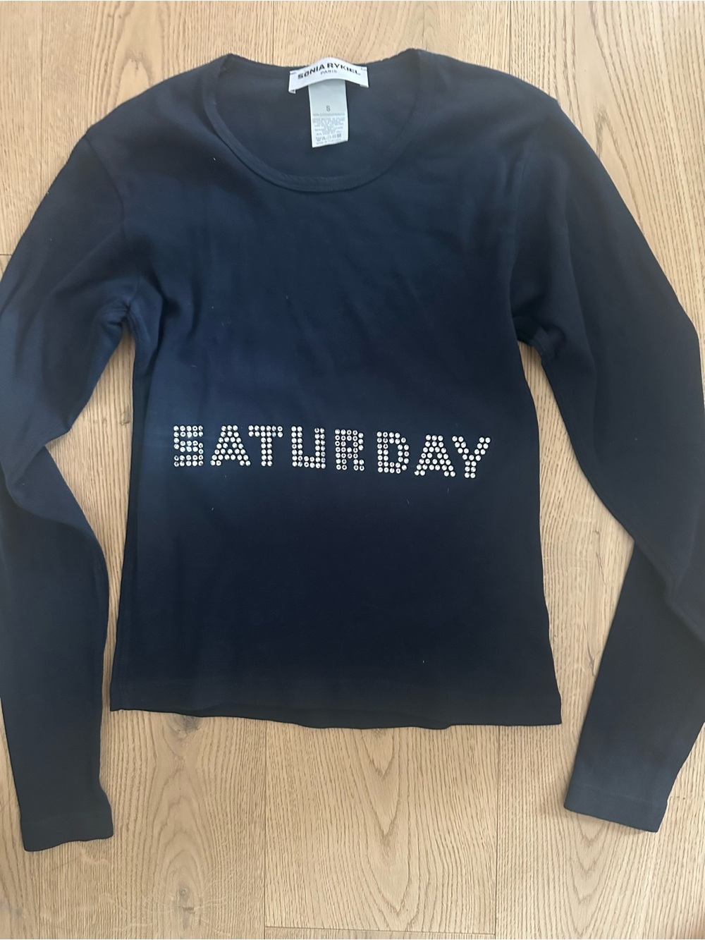 SONIA RYKIEL  " SATURDAY" EMBELLISHED LONG SLEEVE NAVY T-SHIRT WOMENS SZ SMALL